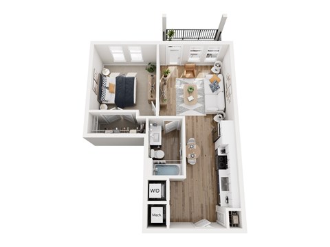 Floor plan for 1 bed, 1 bath, 679 sqft